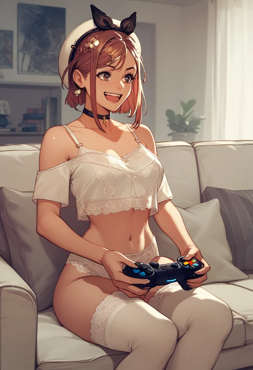 score_9, score_8_up, score_7_up, score_6_up, score_5_up, score_4_up
reisalin stout, choker, beret, crop top, lingerie, fashion,
playing games, playstation controller, excited, sitting, couch, living room