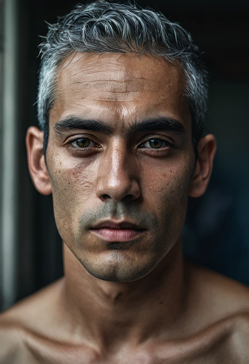 Al-Haytham, Young Man, Young people, Gray Hair, Clean-shaven face, masterpiece, Highest quality, Focus Only, (Skimpy:1.04), By Lee Jeffries Nikon d850 film stock photos 4 Kodak portra 400 camera f1.6 Lenses、Rich colors、Ultra-realistic and realistic texture、Dramatic lighting、UnrealEngine、Trending on Artstation、cinestill 800