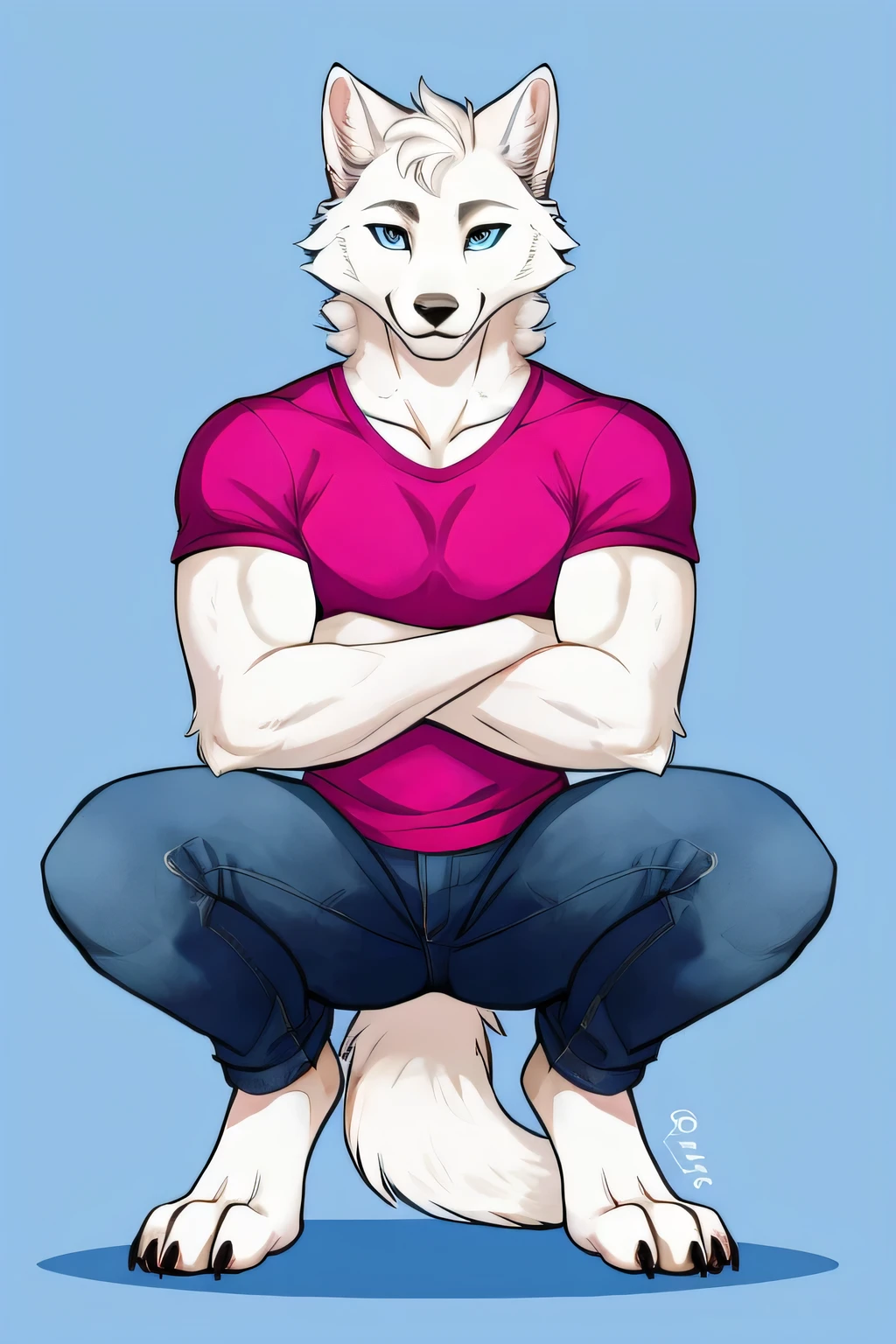 Squat pose legs open male white wolf furry jeans pink shirts blue  background blue eyes fluffy tail claws front below