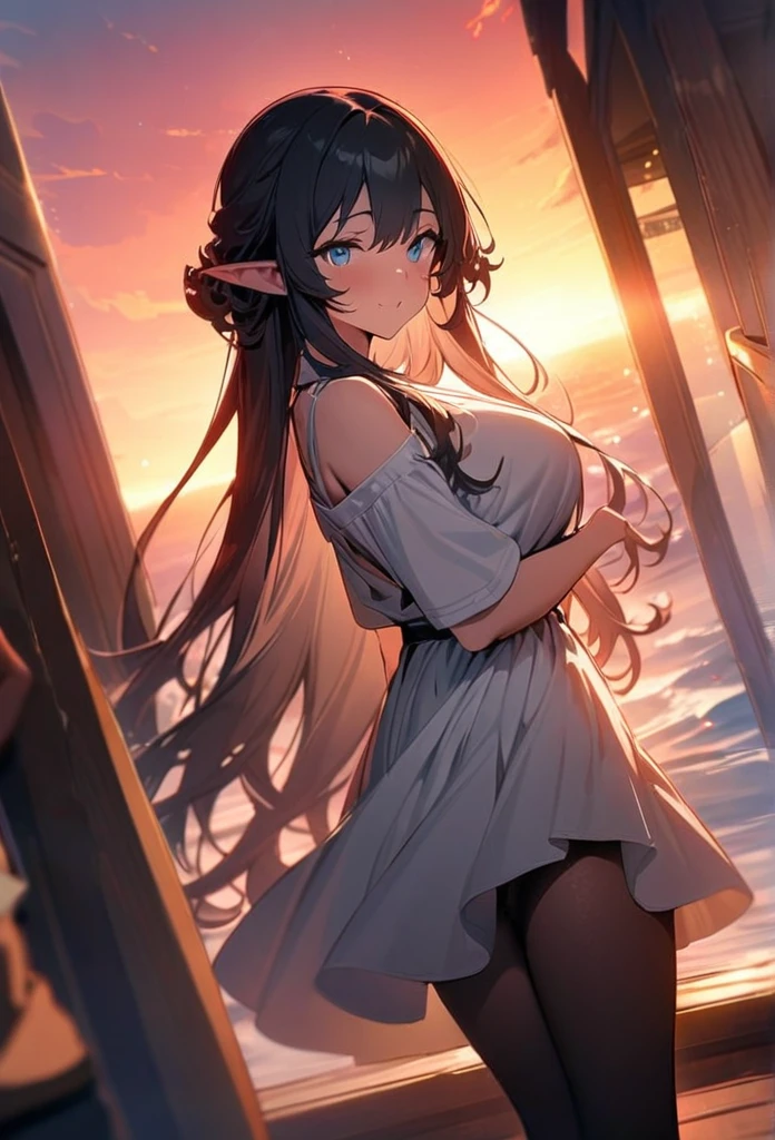(couple), girl and boy, Gaze at the red sky at sunrise, rear view, 1boy, ((boy with blue eyes, short black curly hair)), 1girl elf, ((girl with blue eyes, vibrant white long hair)), intimate, rich in detail, happy expression, love, long shot, wide angle, (((masterpiece, best quality, aesthetic, heavenly)))