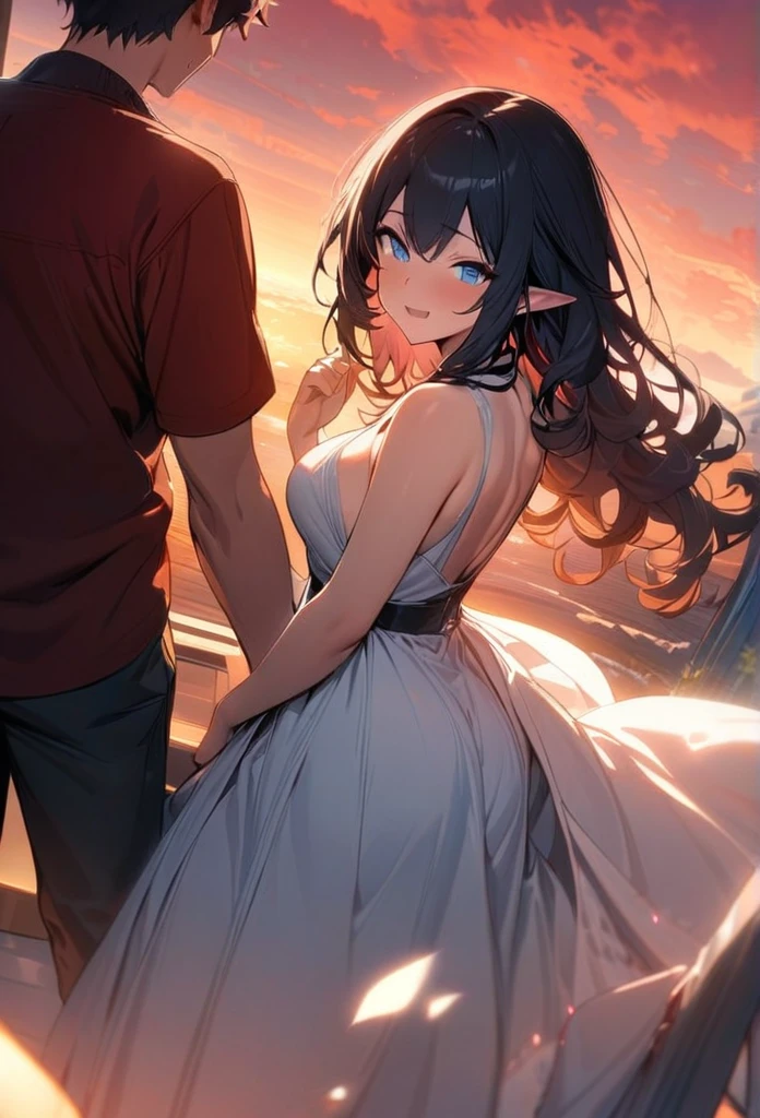 (couple), girl and boy, Gaze at the red sky at sunrise, rear view, 1boy, ((boy with blue eyes, short black curly hair)), 1girl elf, ((girl with blue eyes, vibrant white long hair)), intimate, rich in detail, happy expression, love, long shot, wide angle, (((masterpiece, best quality, aesthetic, heavenly)))