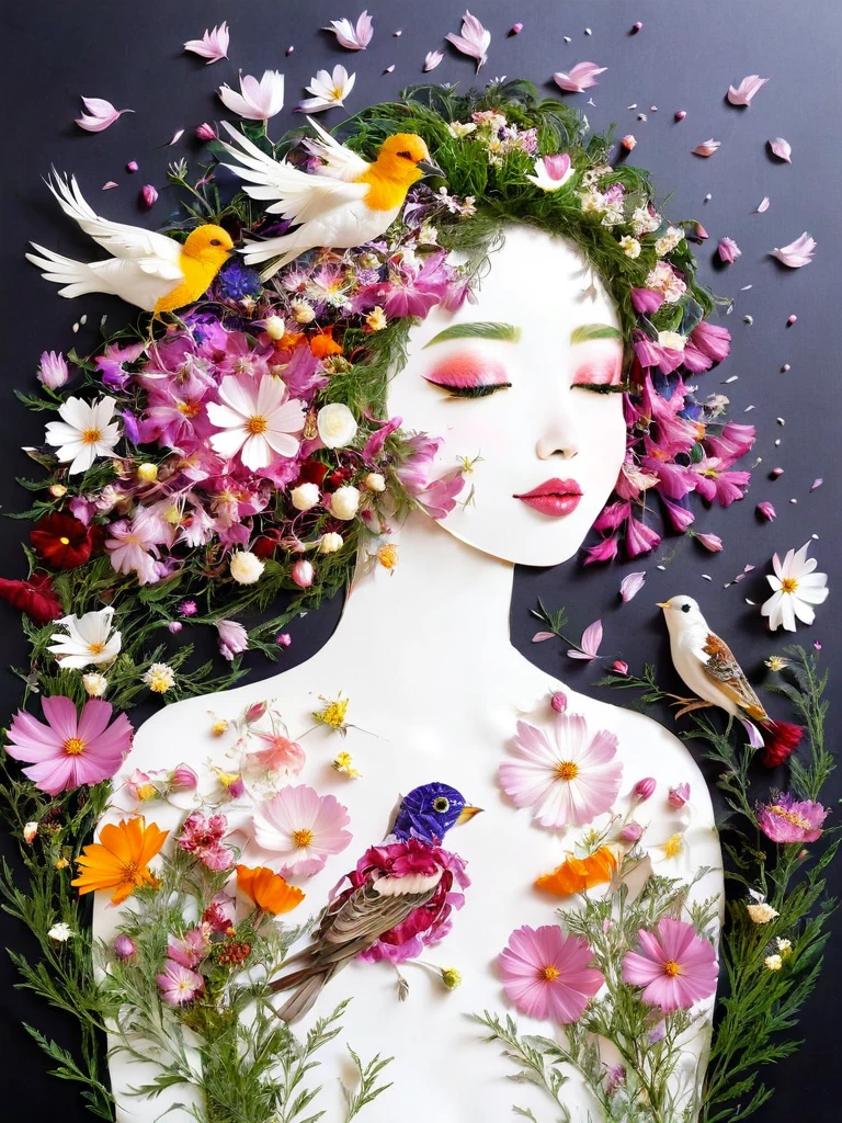 Fall Leaf Crafts, A girl made of flowers and birds, Cosmos、birdie、 Portraiture, White Background、