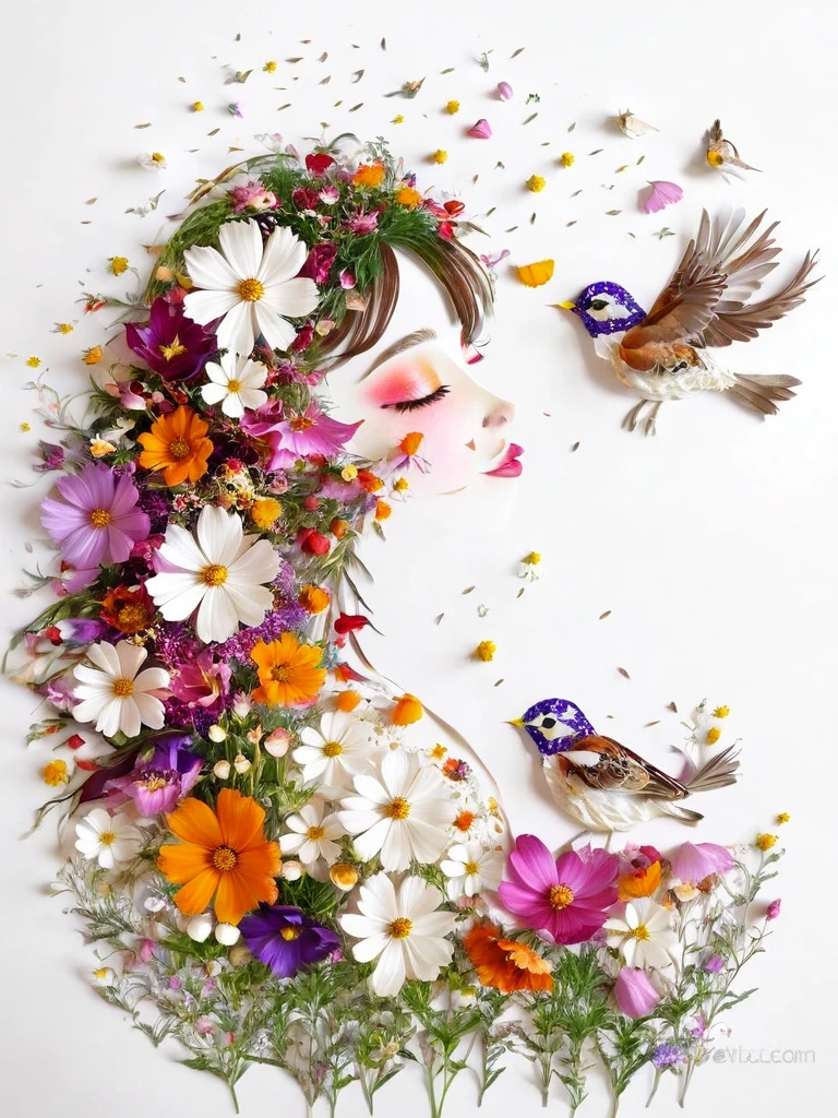 Fall Leaf Crafts, A girl made of flowers and birds, Cosmos、birdie、 Portraiture, White Background、