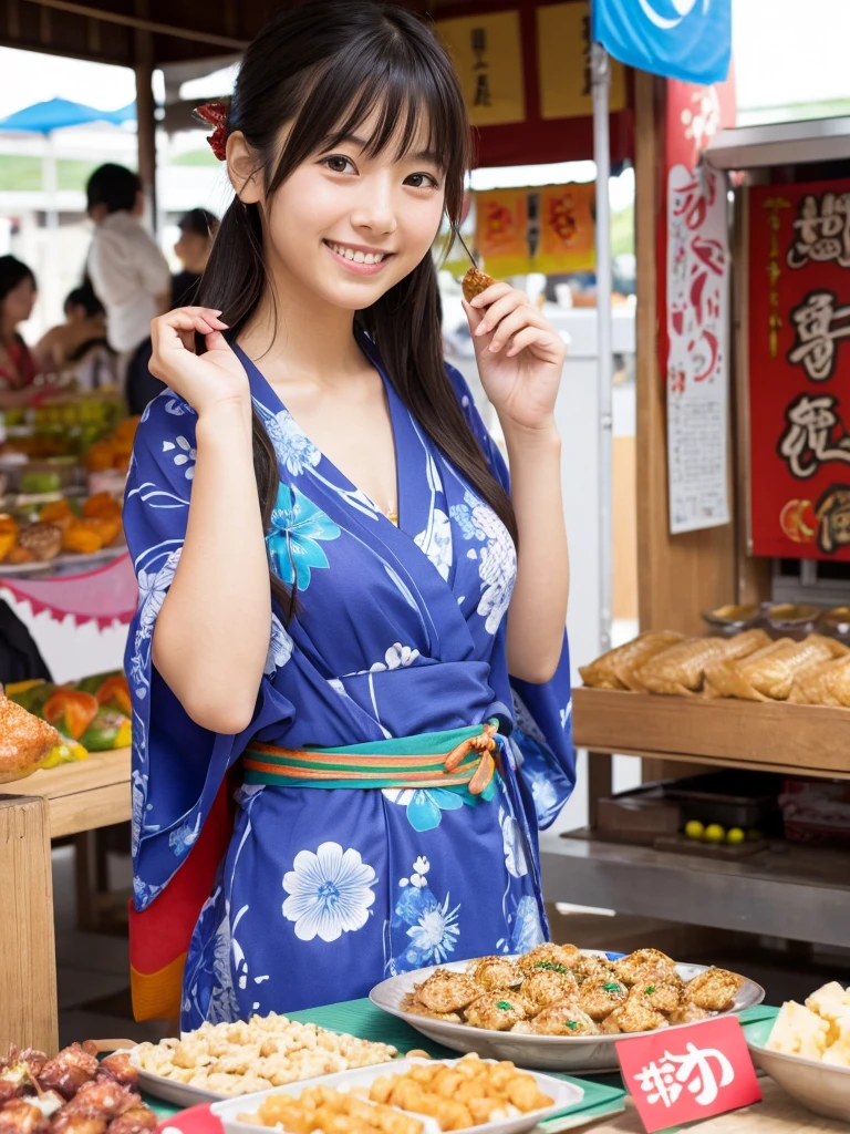 Super cute Japanese girl、Wearing a yukata in front of a summer festival food stall、りんご飴、smile