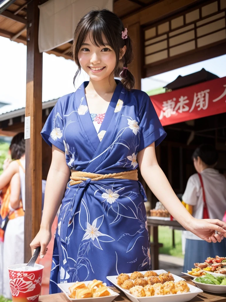 Super cute Japanese girl、Wearing a yukata in front of a summer festival food stall、りんご飴、smile