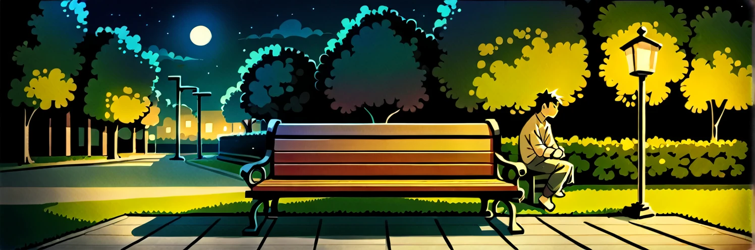 there is a wooden bench sitting in the middle of a park, benches, sit on a bench, bench, sitting on a park bench, sitting on bench, sitting on a bench, photo taken At night, Powerful details, 一人でSitting, Sitting, At night, Warmly lit, An interesting angle, Peaceful atmosphere, Inspired by Ocar Cedroni, from the front