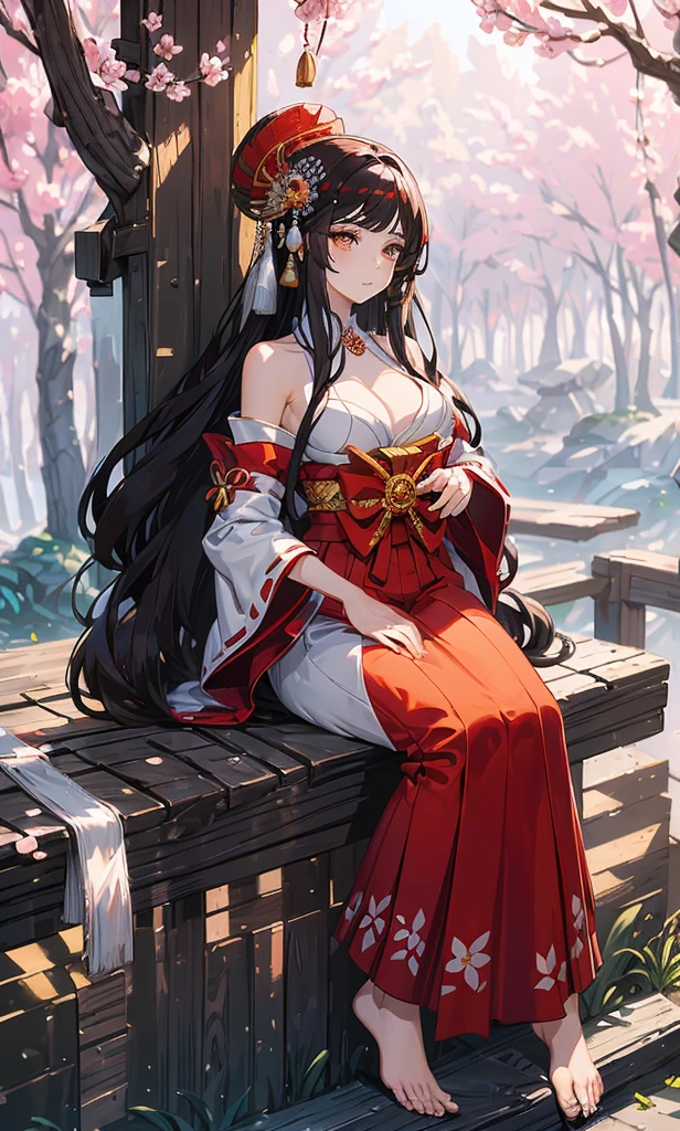 (tmasterpiece:1.2),, A woman, Sitting under a tree, Blossoming flowers, wearing jewelry, in a dress, through her hair, Flowing long hair, adorned with a hairpin, gazing at the viewer, in traditional Japanese attire, dark hair, floral hairpin, Auburn hair, bare shoulders, cascading hair, wide kimono sleeves, long sleeves, amber eyes.