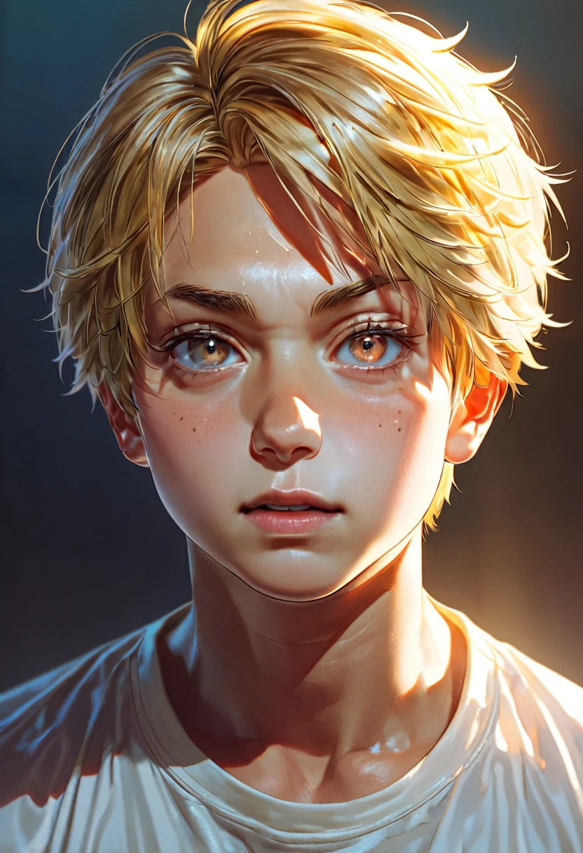 a mesmerizing portrait of denji, a 16-year-old boy with blonde and messy yellow hair, light brown eyes, dramatic cinematic lighting, masterpiece, photorealistic, highly detailed, sharp focus, hyper realistic, 8k, studio lighting, vibrant colors