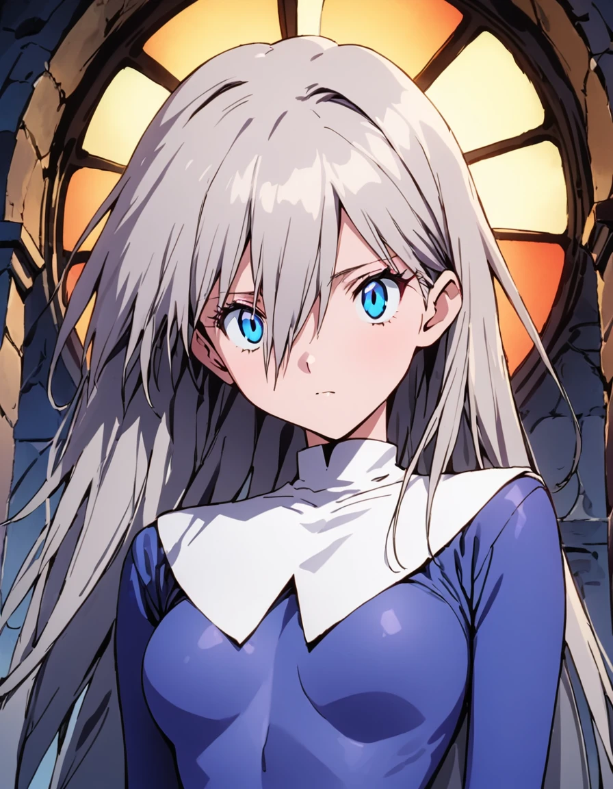 ((masterpiece,High resolution,Highest quality,8K,Detailed faces and anatomy))
(18-year-old female,Slender figure,medium breasts)
(Shining silver hair,semi-long,hairs between eyes,Messy Hair)
(beautiful blue skin,Beautiful blue eyes,Glowing Eyes,Big Eyes,Long eyelashes)
church,Stained glass
(nun,Monastic Clothes)