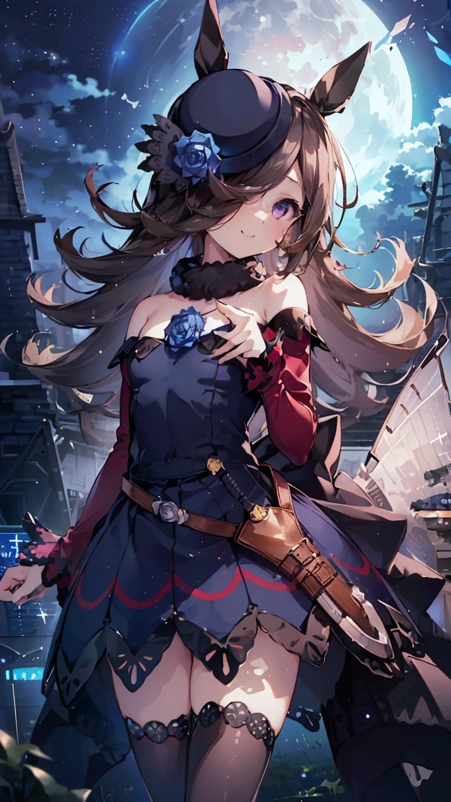 masterpiece, Highest quality, High resolution, Very detailed,(((Rice Shower))), (((Beautiful blue dress)))、(((Black underwear)))、(((smile)))、(((Skirt fluttering in the wind)))、(((Panty shot)))、(((Starry Sky)))、(((Beautiful Eyes)))、(((signal machine)))、(((moon)))