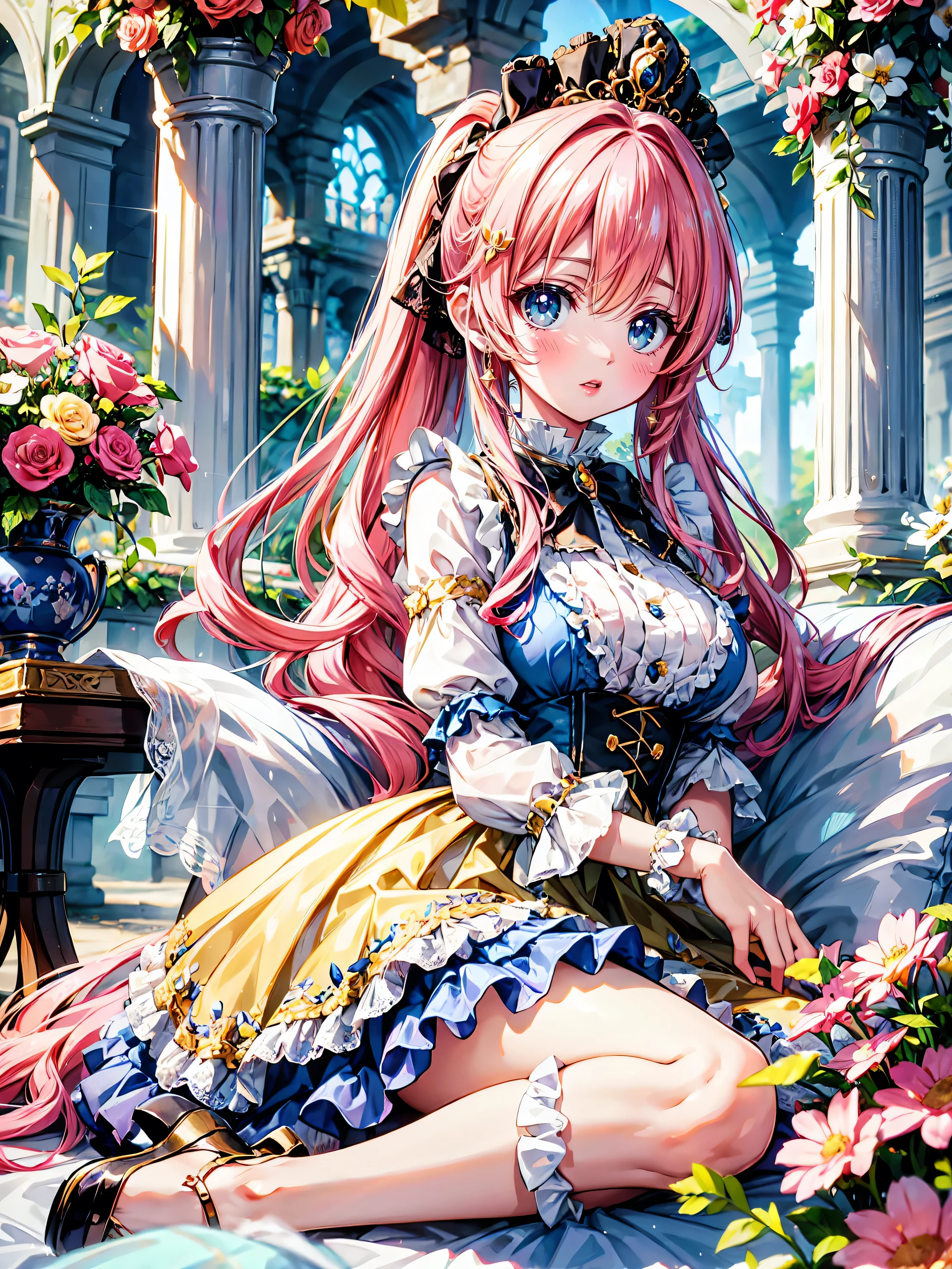 anime moe art style, ((Masterpiece, ultra detailed, exquisite quality)), (((young face solo princess))), (dress light yellow dress), (((ultra elaborate gorgeous rococo victorian gown with voluminous hoopskirt and long hems and lot of frills and pleats dense lace and cute ribbon, princess style skirt, ultra lovely gown))), (((hair pink hair))), ((fluffy long ponytail)), (Expressive very voluminous hair), ((huge breasts)), breasts cleavage, (((lying on one’s back, spread legs, front view))), super delicate face, kawaii face, (hyper detail delicate eyes, hyper beautiful eyes), (eyes blue eyes), (((So lot's of colorful flowers))), ((face focus, eyes focus, blurry background:1.5)), (isometric 3D:1.3), particle effect,