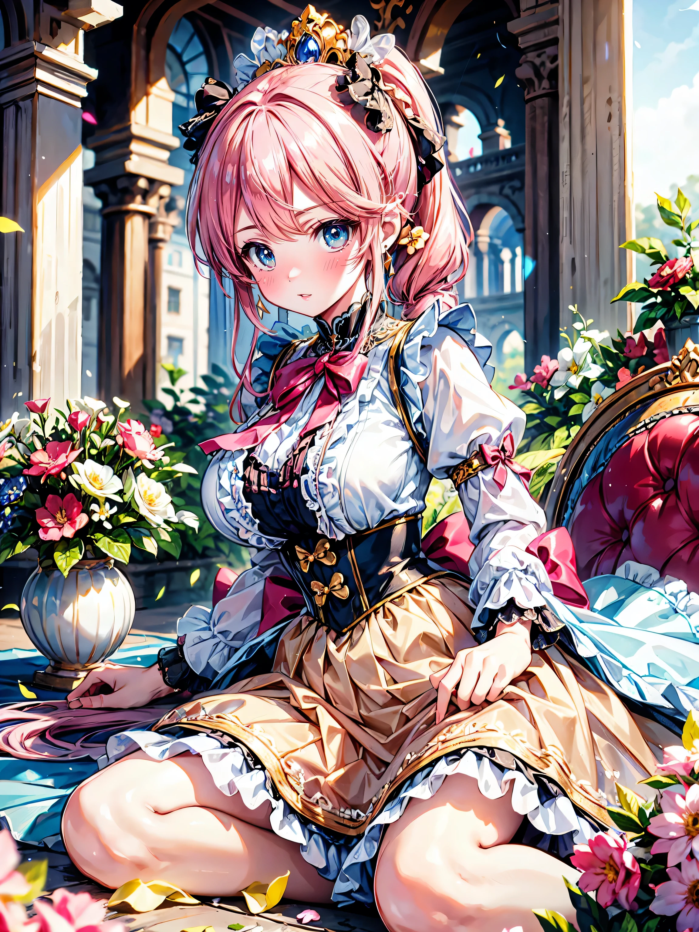 anime moe art style, ((Masterpiece, ultra detailed, exquisite quality)), (((young face solo princess))), (dress light yellow dress), (((ultra elaborate gorgeous rococo victorian gown with voluminous hoopskirt and long hems and lot of frills and pleats dense lace and cute ribbon, princess style skirt, ultra lovely gown))), (((hair pink hair))), ((fluffy long ponytail)), (Expressive very voluminous hair), ((huge breasts)), breasts cleavage, (((lying on one’s back, spread legs, front view))), super delicate face, kawaii face, (hyper detail delicate eyes, hyper beautiful eyes), (eyes blue eyes), (((So lot's of colorful flowers))), ((face focus, eyes focus, blurry background:1.5)), (isometric 3D:1.3), particle effect,