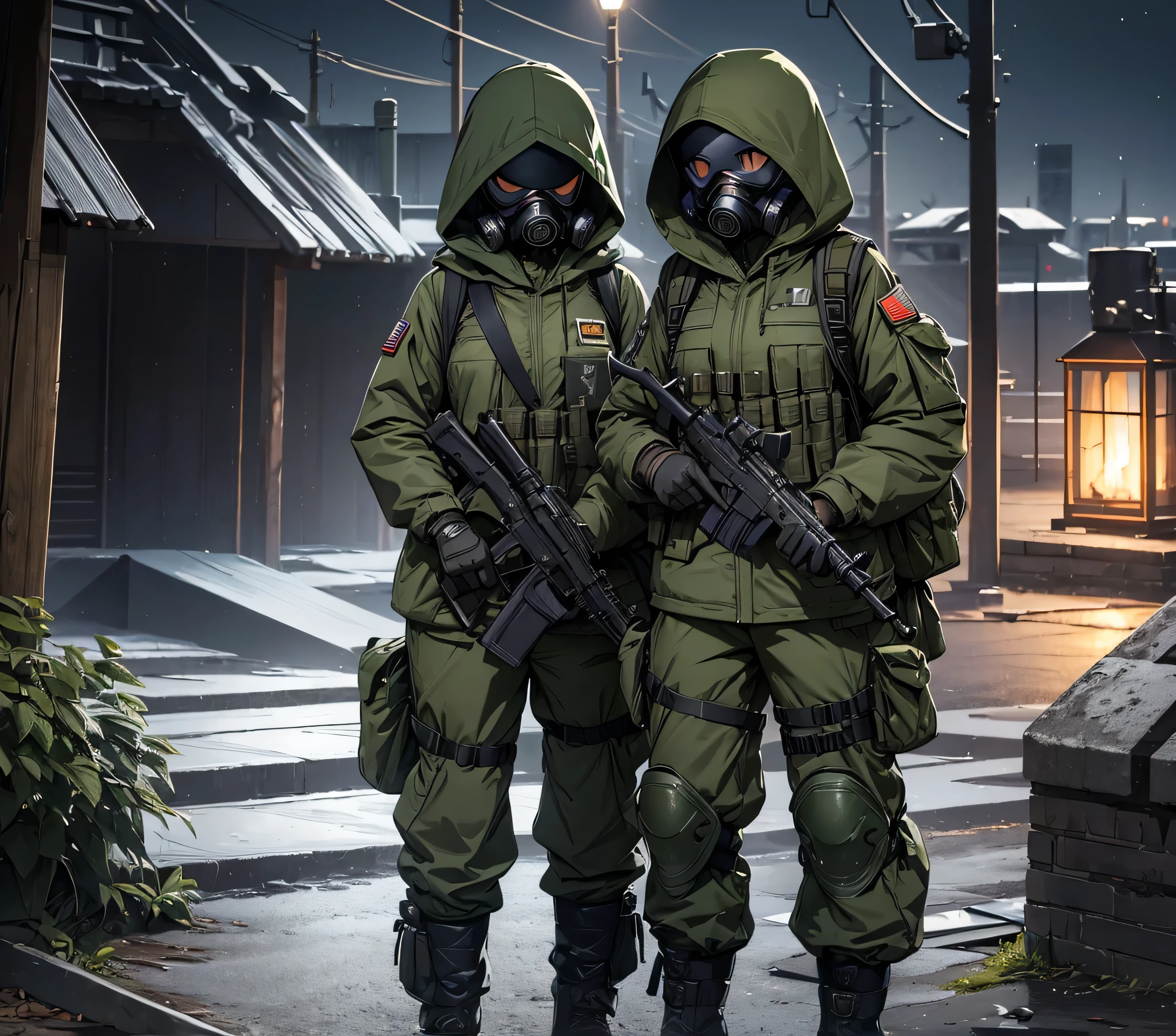 Six female soldiers on night patrol、Wearing dark green M-51 hooded military uniform、Hooded on head、Gas Mask、Magazine Pouch、Gloves、Military Pants、Knee pads、Show only the upper thigh area，Write details、masterpiece、best quality、Highly detailed CG、8K picture quality
