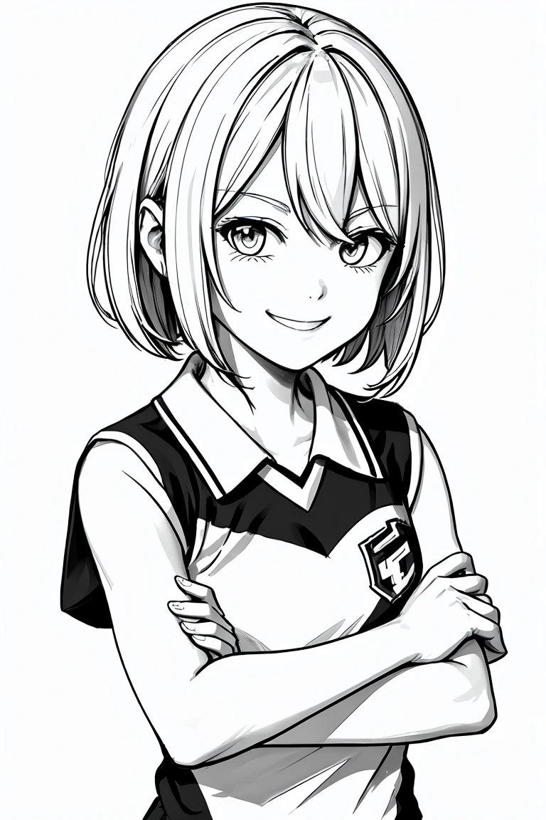 masterpiece,, One Girl, alone, short, White Background, Monochrome, Line art, ((sketch))、Look forward、Wearing a soccer uniform、smile、Bob hair with arms crossed、Winking