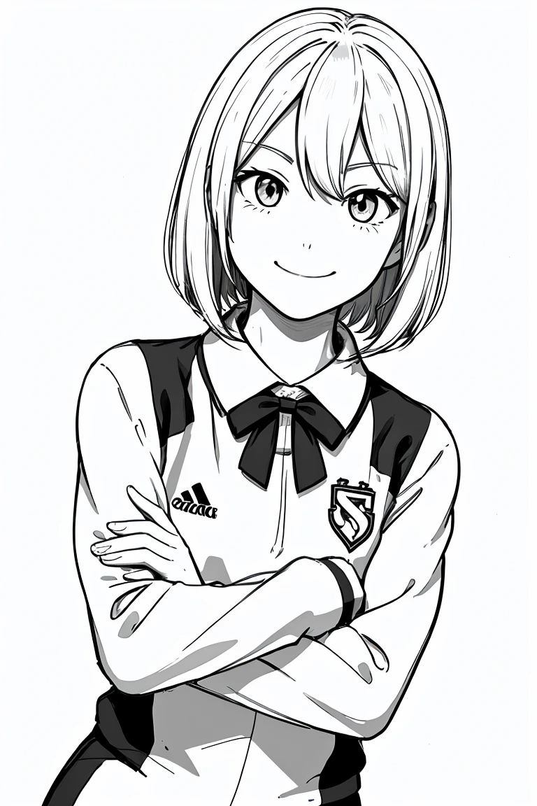 masterpiece,, One Girl, alone, short, White Background, Monochrome, Line art, ((sketch))、Look forward、Wearing a soccer uniform、smile、Bob hair with arms crossed、Winking