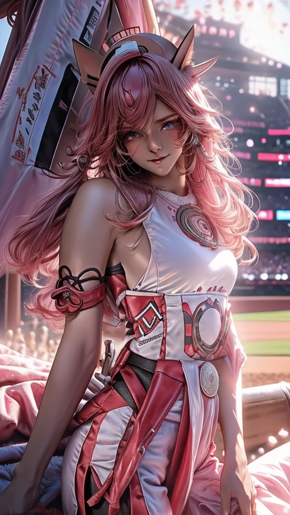 Baseball athletic, a young beautiful baseball batter, blue eyes, blushed, curvy body, small waist, thick thighs, standing Poses, seductive smile, (long hair:1.3), (cat ears:1.3), (cat tail:1.3), fabulous hairstyles, (baseball cap, baseball pants, baseball jersey, baseball, Metal baseball cleats, baseball uniform, baseball bat,:1.3) extremely detailed clothing, earrings, (ultra wide-angle baseball field background:1.3) style of Inoue Takehiko and Rebecca Guay, extreme closeup portrait, lifelike, glamourous, audiences on the Stadium Seating, extreme detail irises, reflexive eyes retinas, detailed eyebrows, detailed eyelashes, feminine hand, beautiful finger polished nails, professional makeup, exquisite body parts detailing, extremely intricate details, exquisite detail complexion, flossy skin complexion, extreme detail facial features, extremely detailed environment, dust particles, sub surface scattering, perfect lighting, visual compositional, masterpiece, best quality, exquisite masterpiece, professional production, extremely exquisite detailed, hyper detailed, extremely high resolution, extremely high res, high resolution, highres, outdoor surrounding, extremely explicit details, extremely sharp focus, HDR, DSLR, high dynamic color range, RAW Photo, 50mm lens, F/1.2, Shutter speed 1/200, ISO 50,