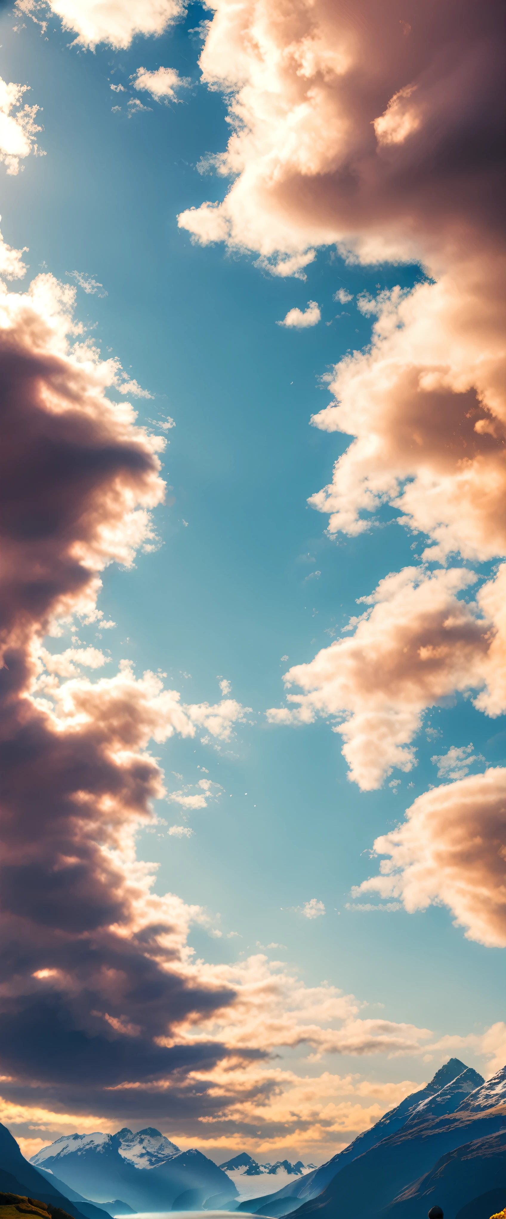 (Magical pretty sky blue stream overlay scene)、(zero)、(cloud)、Soft lighting、Clean background、美しいzeroの風景、masterpiece、high quality、Beautiful graphics、Rugged Mountain々A small fishing village can be seen at a low angle below.、artstation、Sharp Focus、Inspirational 8k wallpapers、Contrast of sea and mountains。A magnificent and mysterious view from above