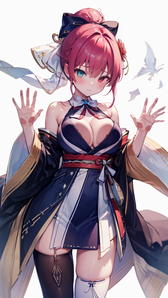 (Ultra-high resolution,masterpiece, Attention to detail, Highest quality), 8K,(CCMARINE, PONYTAIL, HAIR BOW, HAIR FLOWER, WHITE BOW, heterochromia, DETACHED COLLAR, BARE SHOULDERS, OFF SHOULDER, CLEAVAGE, JAPANESE CLOTHES, WHITE KIMONO, DETACHED SLEEVES, WIDE SLEEVES, SASH, obi, THIGHHIGHS),(Blessed,Captivating body、Ultra-detailed skin、Super beautiful eyes、Detailed Background),One girl、 (breasts_on_Glass,breast press, against Glass, hands on Glass:1.5),window fog, embarrassed, (white background:1.7), (from front:1.3),(perfect hands), huge breasts