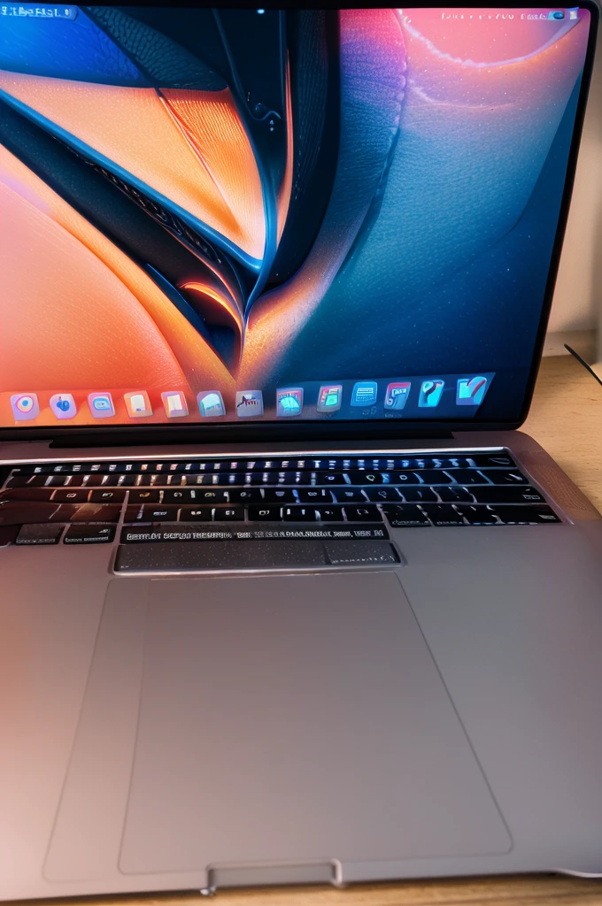 Sharp and vivid close-up of a ((MacBook Pro)) laptop screen displaying a vibrant digital art masterpiece, creative workspace, digital design, colorful, high-resolution, artist's perspective, 8k