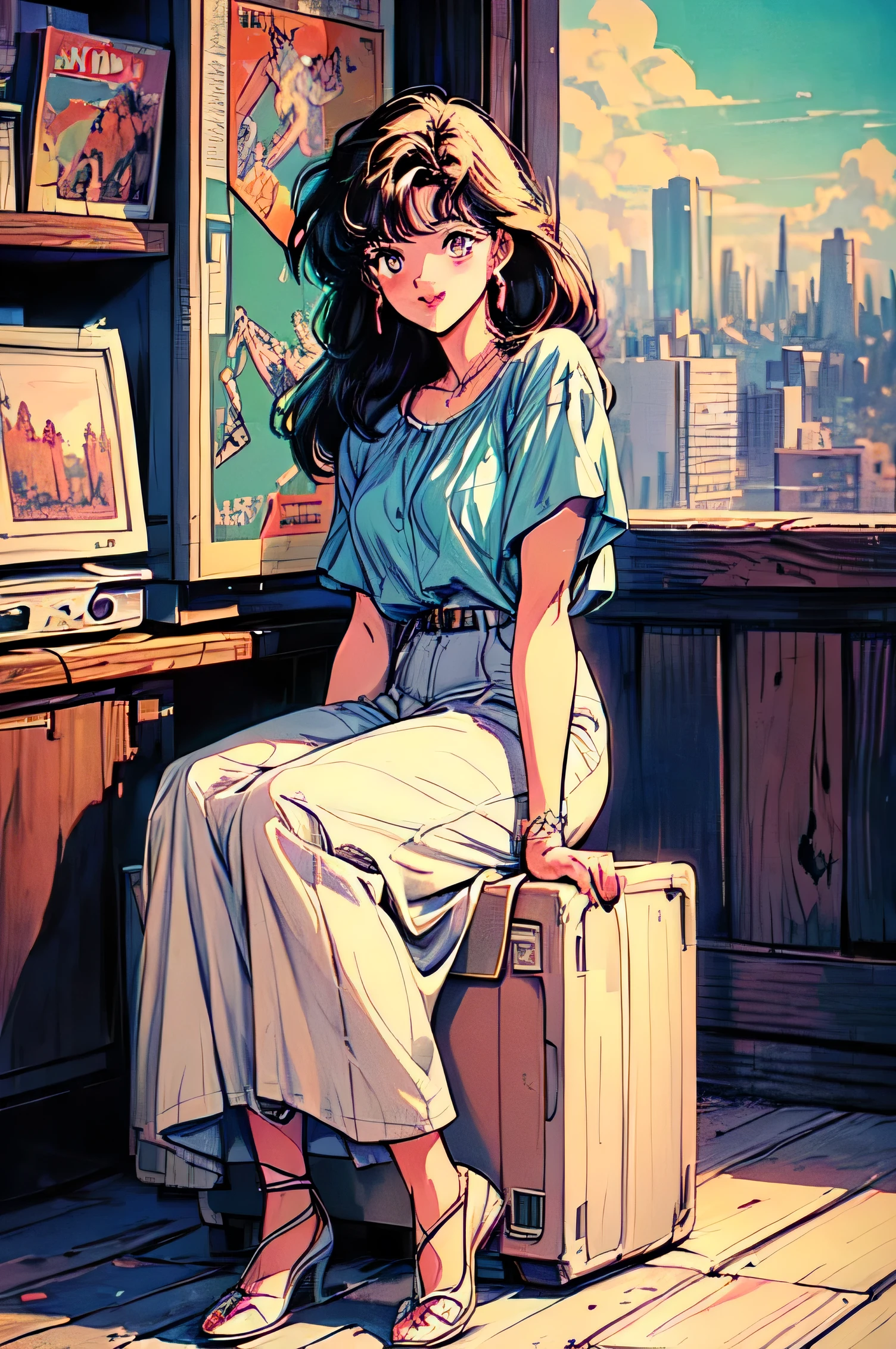 (80's, retro, city pop poster:1.5), (album cover), (masterpiece, best quality, intricate detail), (anime, illustration), (pastel colors:1.3), best photo pose,
girl, solo, smile, perfect detail eyes, delicate face,
City Scenes, tokyo, high fashion, full body portrait, 8k