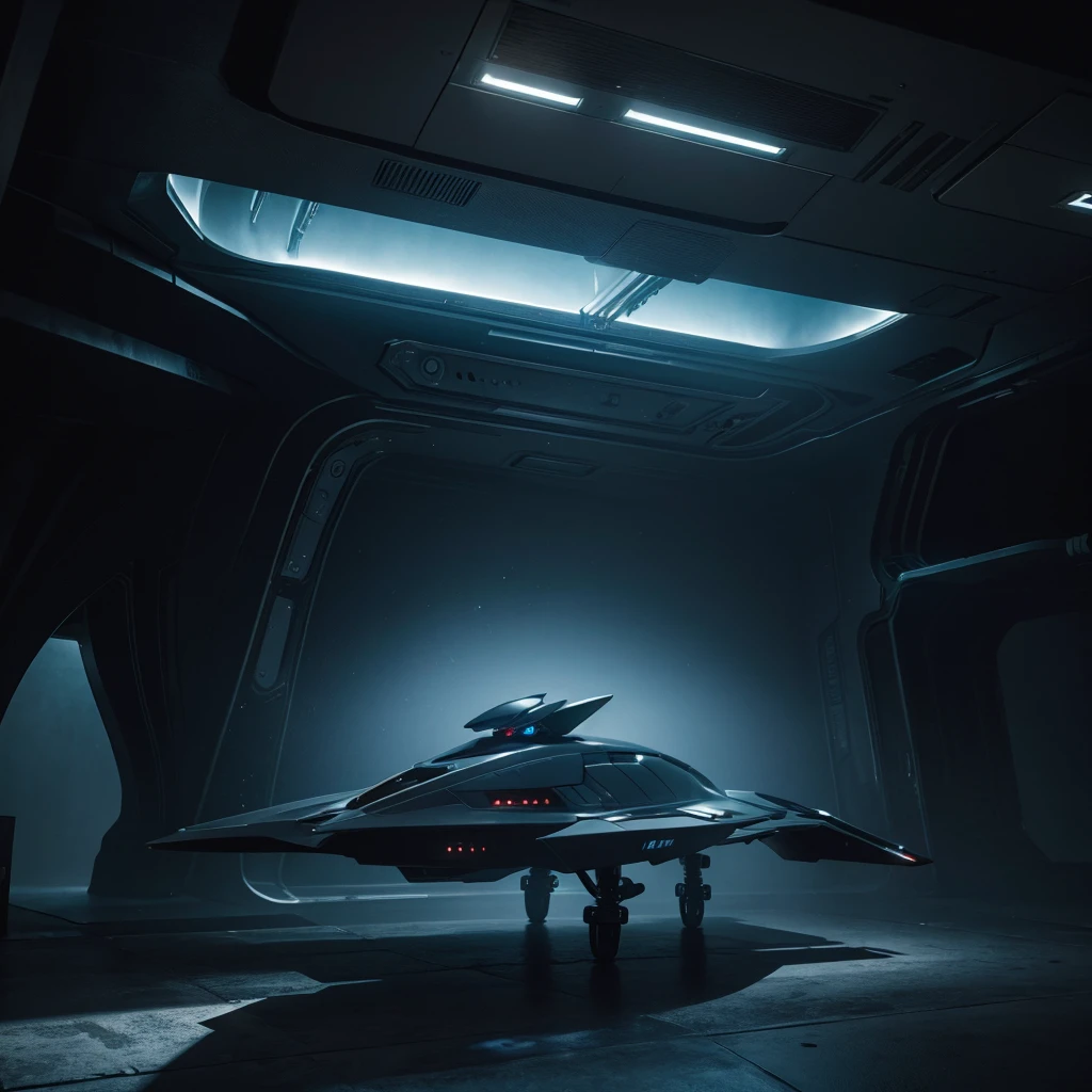 (Best Quality) Futuristic alien ship landing on a planet with dark color palette