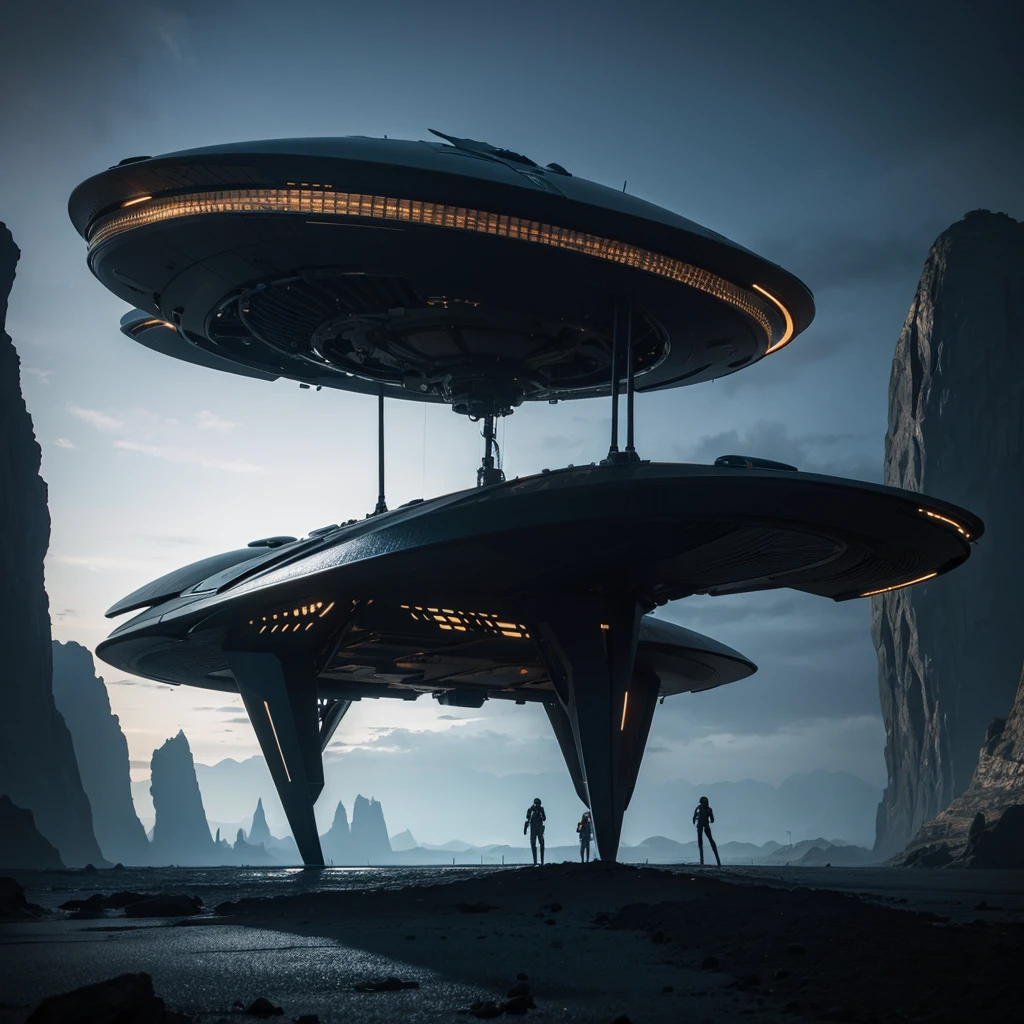 (Best Quality) Futuristic alien ship landing on a planet with dark color palette