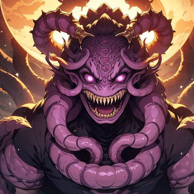 (Best high quality image, very detailed image textures and pixels, carefully detailed, junji ito aesthetic)
{{(1monster: giygas): (obese design, multiple mouths full of teeth, multiple muscular purple tentacles, scarlet fat tendrills with golden claws, multiple mouths with purple tongues, pink tentacles, tendrills in every side of the body, growling, laughing), (deep space realm))}}