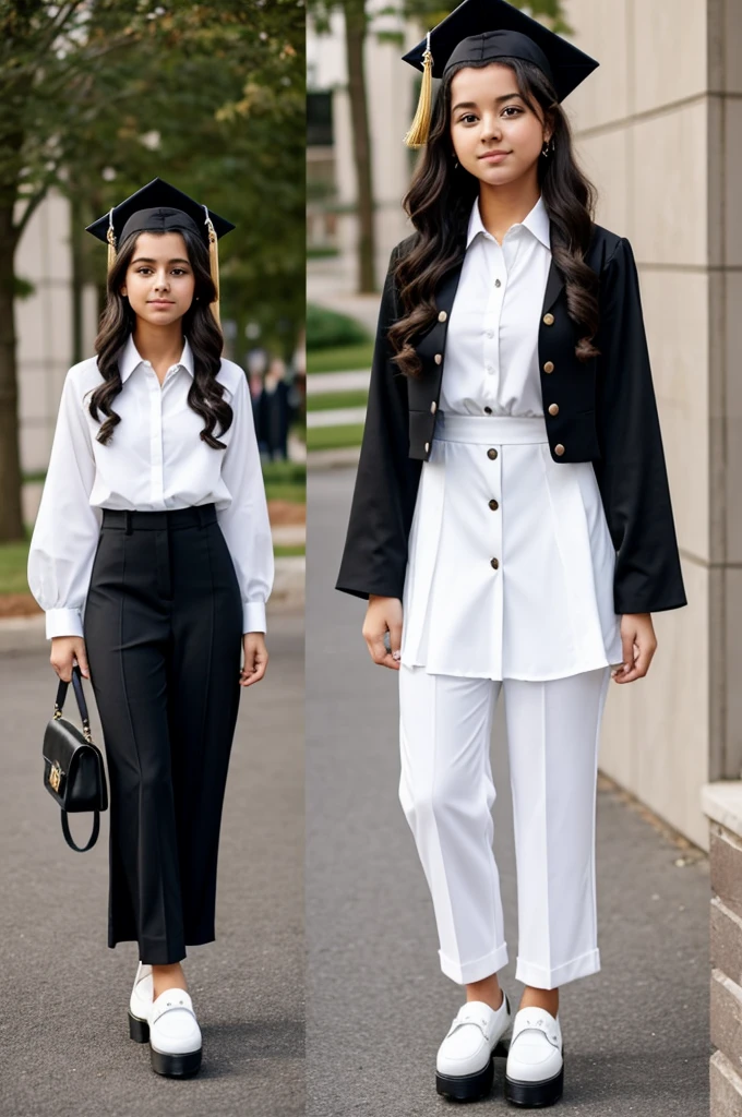 17 year old girl at her graduation wearing black flared dress pants, white button blouse, with platform loafers, made up and styled with her hair in layers and waves 