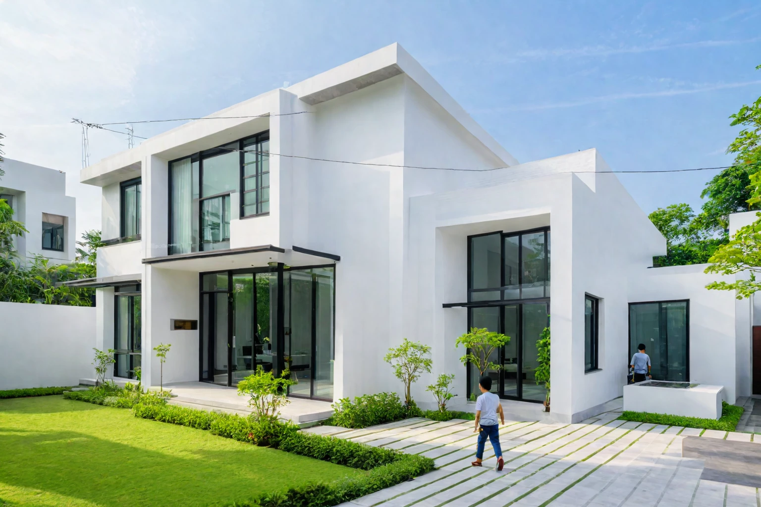 A modern minimalist style single-story villa with a flat roof, white walls and glass windows in Vietnam is surrounded by green lawns, ((road)), ((sidewalk)), (sidewalk trees), The overall architectural design features clean lines and simplicity, creating an elegant atmosphere. Use professional photography techniques to capture details and highlight the unique architecture of contemporary luxury houses in the style of minimalism