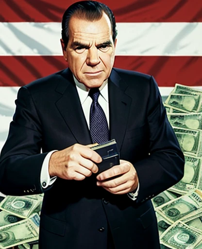 Richard nixon Opening a safe full of money, gta 5 style, he is holding a fist up in air over his head,  dollar bills, usa flag, ps2 cover gta style, ps2 dvd case 