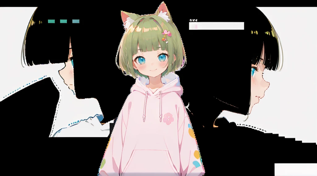 Pink hoodie、大きなFlower Hair Ornaments、An unprecedented number of draws、Flower Hair Ornaments、Floral Hair Accessories、Blonde、Cat ear、Pink hoodie、high quality、Colorful color palette、high resolution、pretty girl、 Pink hoodie、An unprecedented number of draws、Anime Style、Geometric background、Sticker Style、short hair、Blonde、Turquoise Eyes, Messy Hair, Pink hoodie、髪と同じ色のCat ear、front, Hands posing, Until death, Bondage, Baggy clothes