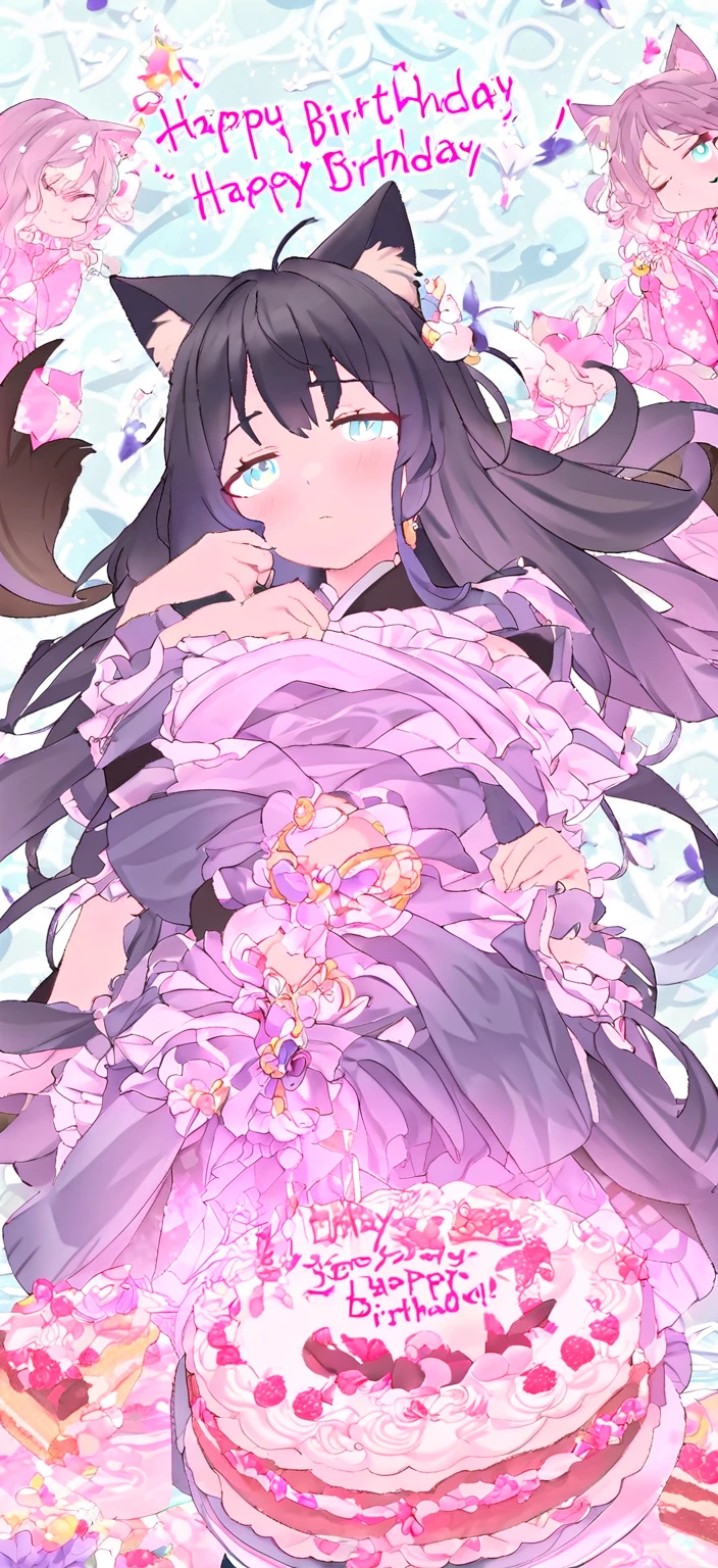 birthdaycakeをもって笑っている、cute、Happy Birthday、Sleepy、Confused eyes、Long wavy hair、Cat ear、kimono、birthday、cake, 8k high quality detailed art, Detailed fan art