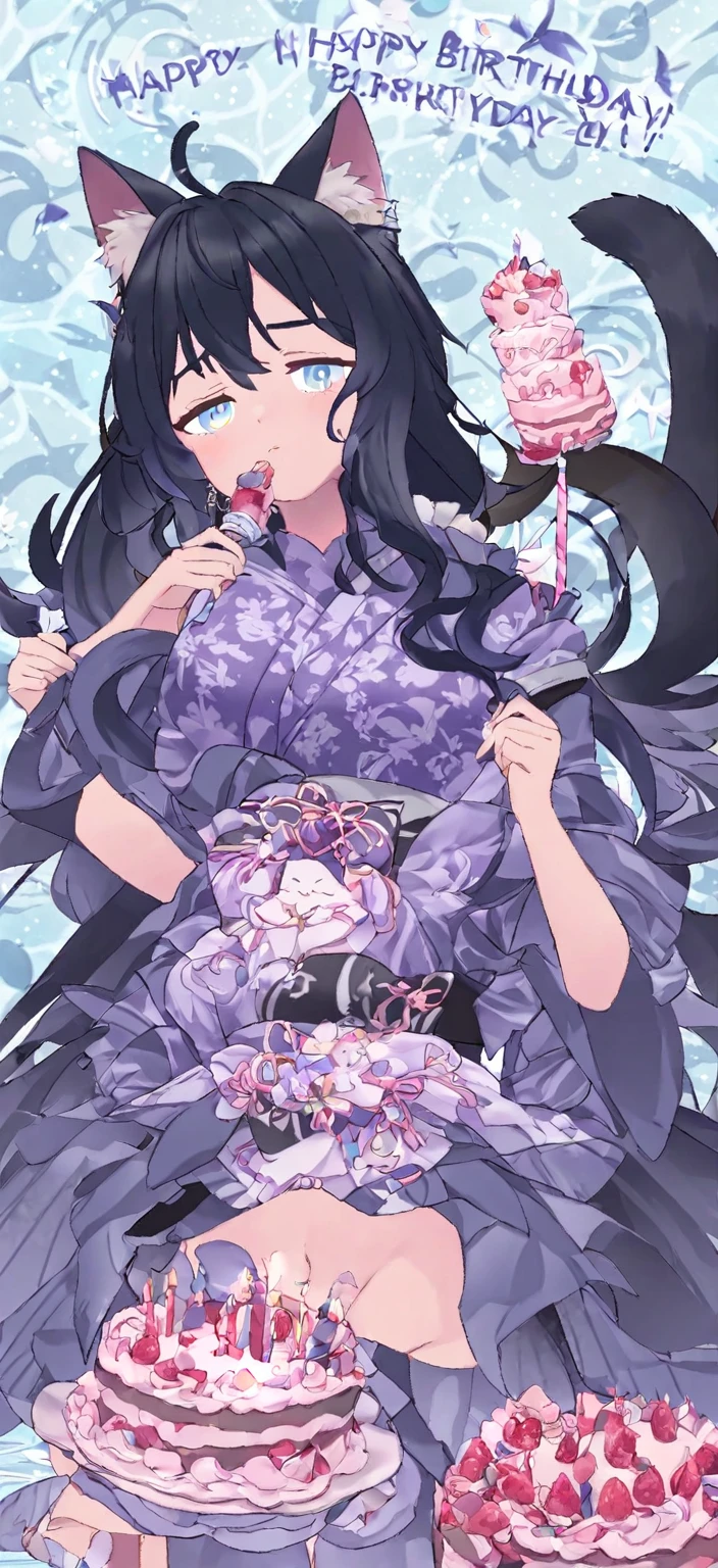 birthdaycakeをもって笑っている、cute、Happy Birthday、Sleepy、Confused eyes、Long wavy hair、Cat ear、kimono、birthday、cake, 8k high quality detailed art, Detailed fan art