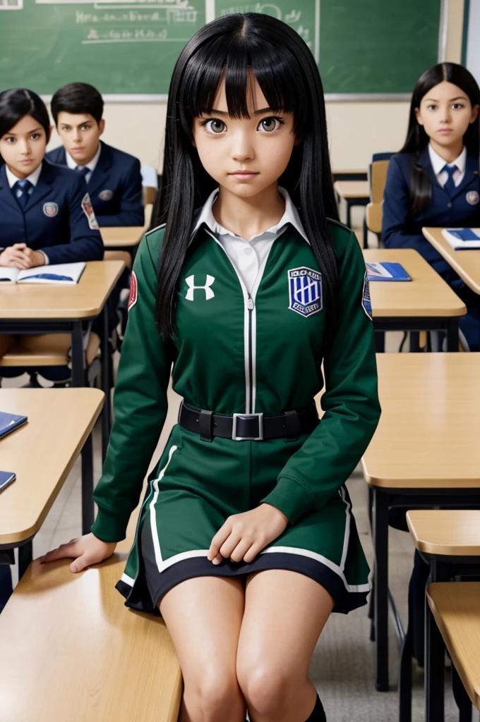 Screenshot of my hero academia.
Black hair girl with long green, He has gray eyes and has a serious expression. She is wearing the UA uniform and in the background she has a UA school class and she is sitting at a table