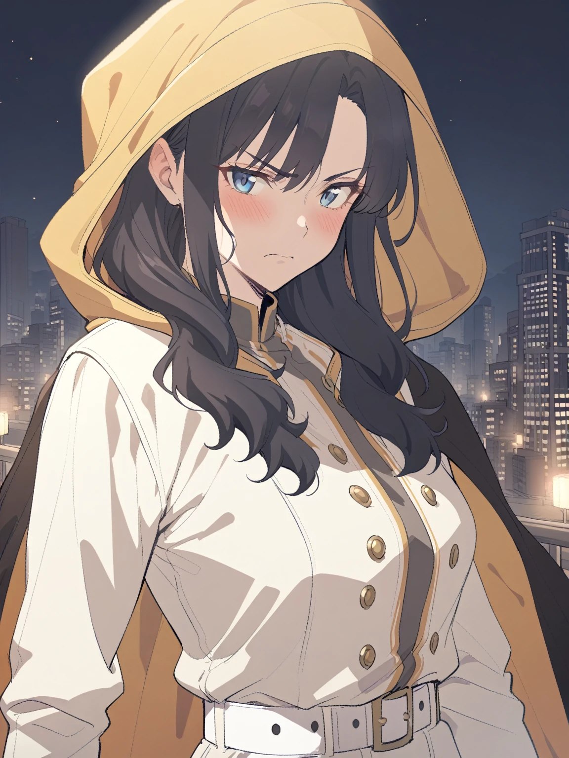 {{upper body}} {{Artist: sincos}} 1girl, mature female, blue eyes, medium length black hair, white jumpsuit with golden buttons, hood over head, white belt, black cape, white gloves, serious expression, outdoors, night, city background