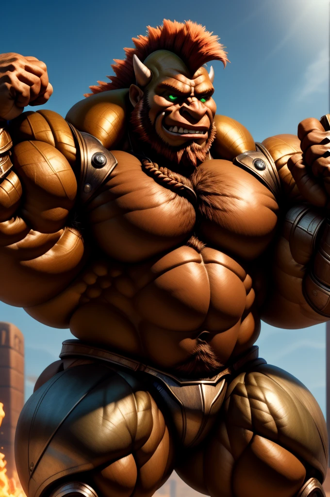 green hyper muscular orc warrior wearing battle armor, bara chest, braided ginger beard, mohawk, aggressively flexing, most muscular pose, detailed skin, skin blemishes, lighting should be warm and inviting, casting a soft glow and highlighting the rich colors of his flesh, background cinematic Hollywood movie style, light depth of field, vignette, highly detailed, high budget