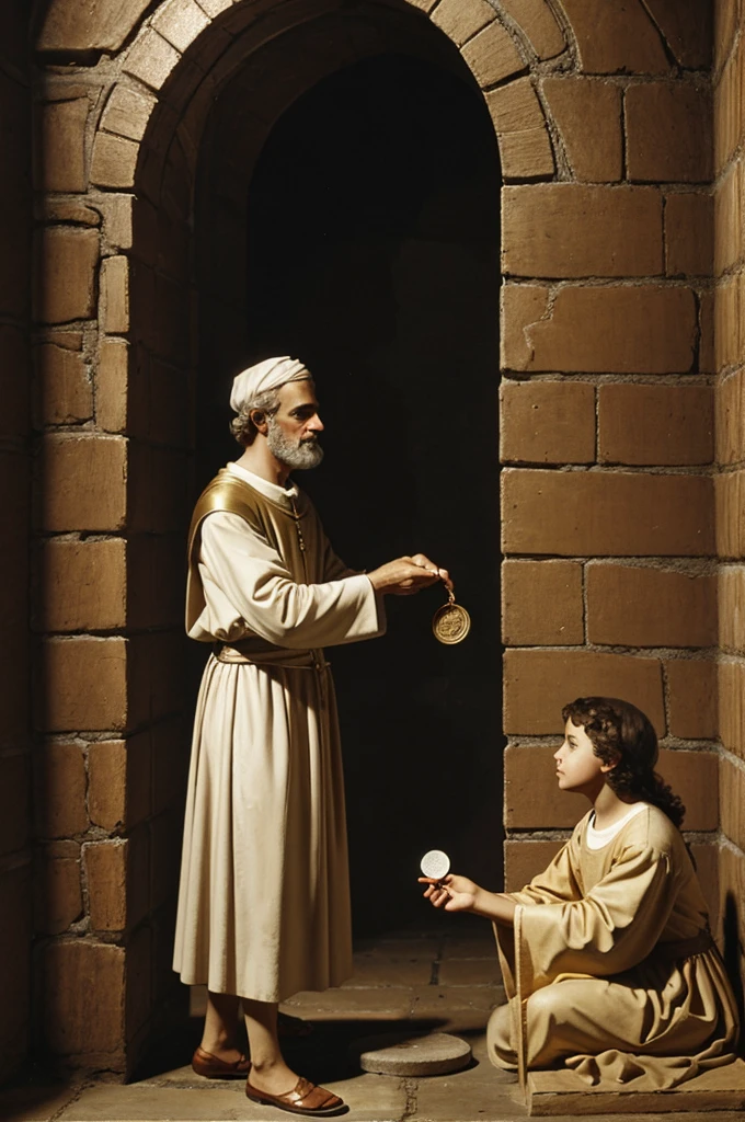 Saint Peter throws a coin into the well of desire and the children see it