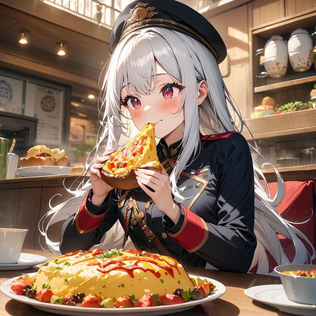 (masterpiece:1.5), highest quality, super detailed, very detailed, exquisite, 16k, full HD, very aesthetic, absurdres, 1girl, white hair, long hair, anime, eating, hat, uniform, red eyes, smile, blush, indoors, detailed background, food, omelette