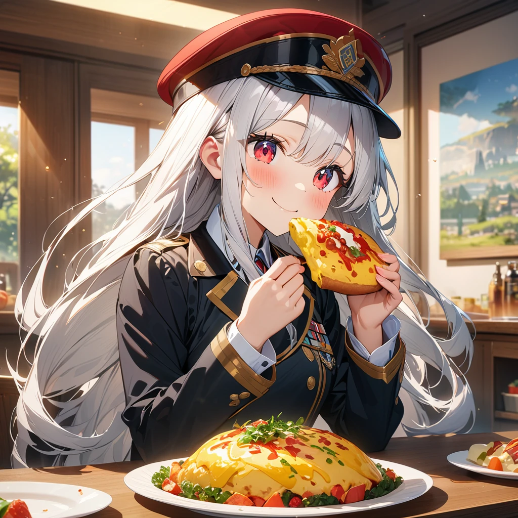 (masterpiece:1.5), highest quality, super detailed, very detailed, exquisite, 16k, full HD, very aesthetic, absurdres, 1girl, white hair, long hair, anime, eating, hat, uniform, red eyes, smile, blush, indoors, detailed background, food, omelette