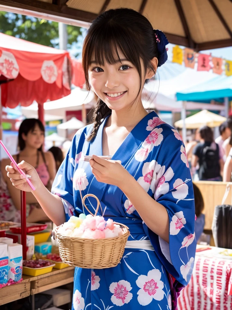 Super cute Japanese girl、Wearing a yukata in front of a summer festival food stall、Eating cotton candy、smile
