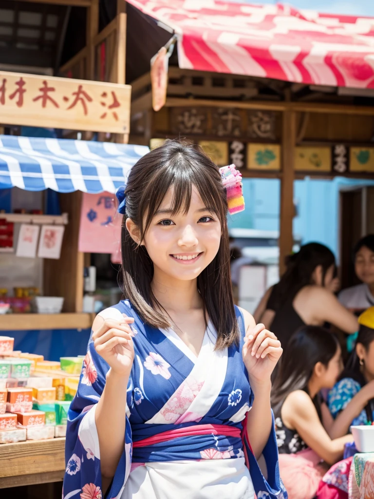 Super cute Japanese girl、Wearing a yukata in front of a summer festival food stall、Eating cotton candy、smile