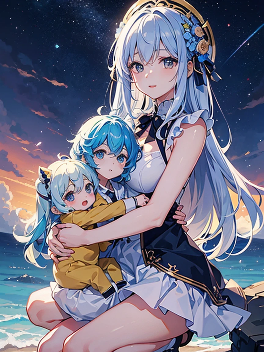 EbonyGoldAIのmasterpiece, 最high quality, high quality, High resolution, (((Beautifully detailed skies))),, growing upな(growing up, wonderful), vision(View), wonderful光景, High resolution, ((Best Shadow)), Night Sky, moonlight, ((Very detailedな)), (Best illustrations), ((Very delicate and beautiful)), Dynamic Angle,high qualityの画像品質, quiet, far_Away{{masterpiece}}, 最high quality, Very detailedな CG ユニティ 8k 壁紙, Cinema Lighting, Lens flare, Beautiful details in the eyes, black, Glancing sideways, Multicolored Hair, colorful light, particle, Heterochromia iridis, (colorful:1.5), (colorful hair:1.5),{{masterpiece}}, 最high quality, Very detailedな CG ユニティ 8k 壁紙, Cinema Lighting, Lens flare, Beautiful details in the eyes, black, Glancing sideways, Multicolored Hair, colorful light, particle, Heterochromia iridis, (colorful:1.5), (colorful hair:1.5),masterpiece, 最high quality, Official Art, 8k wallpaper, Very detailed, Very delicate and beautiful, wonderful, In detail, masterpiece, Very detailedな, High resolution,Best illustrations, Best Shadow,Complex,Sharp focus, high quality, A young father holds his little twins, a boy and a girl, tightly and warmly in his arms、Depict a scene filled with love and security.。My father is on his way home from work..、Children are innocent and carefree。background, A clear blue sky spreads out.、Italy in Summer、View of a stylish modern mansion in Venice。Bright sunlight illuminates the house and sparkling sea.。 In fact, this３０The father of this generation is the former Constantine.１thisが世界だ.、Male and female twins、Formerly known as Crispus and Fausta。The whole scene、atonement、forgiveness、healing、refined、And the theme of repairing relationships was emphasized..、It expresses the moment when family love and bonds deepen..
