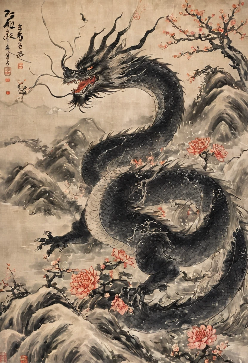 Anammo, Dragon, sharp 歯, eastern Dragon, monster, alone, horn, Monochrome, Robe,Size Differences, Open your mouth, nail, Spot colors、Xianglong、Ink Painting、Angry Dragon、Rising Dragon、fierce々Shii、獰fierceな、thunder、湖から鎌首を擡げるXianglong、A dragon with a clear face、Flowers, birds, wind and moon、