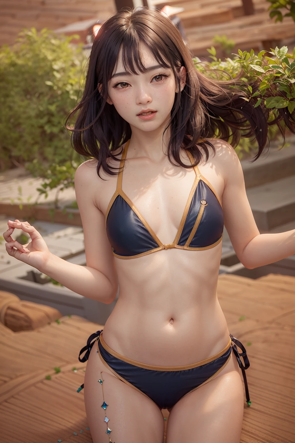 beautiful, masterpiece, best quality, hiqcgbody, anime, 1girl, sam yang, olympic swimmer, competition swimsuit, portrait shot, looking at viewer, partially submerged, outdoor pool, intricate details, (spreading legs showing cameltoe), (camel toe), (body hair:1.5), (rim light)