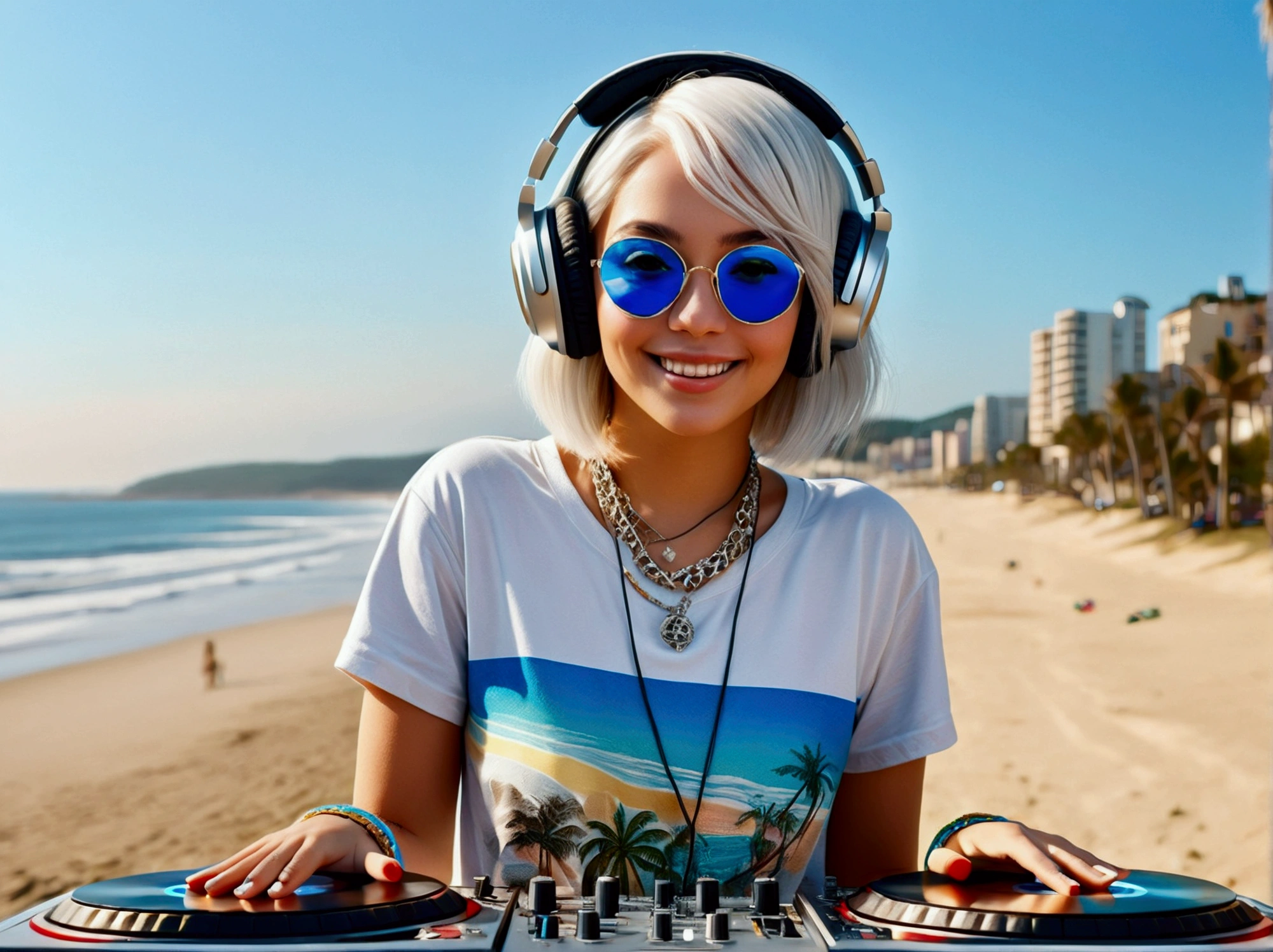 (ultra - detailed, 16K resolution, Cinema lenses, rendering by octane), (high resolution:1.18), intricate detail, (masterpiece:1.1), (highest quality:1.1), (1girl, portrait, white hair, blue eyes, short hair, detailed eyes),Wearing silver DJ headphones, sequined T-shirt, (in the beach:1.5), (Iconic hip-hop pop costumes:1.3), Smile while DJing on stage, DJ studio next to the beach, ((A stylish DJ stage on a hill overlooking the beach)), full body shot, Photorealistic photography by Sunshine, (cute round face:1.3), perfect fingers, five fingers, beautiful hands, perfect hands. master peace, cute smile.