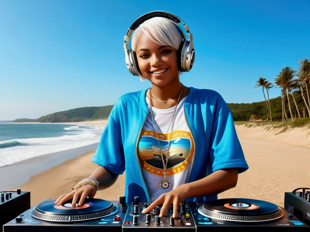 (ultra - detailed, 16K resolution, Cinema lenses, rendering by octane), (high resolution:1.18), intricate detail, (masterpiece:1.1), (highest quality:1.1), (1girl, portrait, white hair, blue eyes, short hair, detailed eyes),Wearing silver DJ headphones, sequined T-shirt, (in the beach:1.5), (Iconic hip-hop pop costumes:1.3), Smile while DJing on stage, DJ studio next to the beach, ((A stylish DJ stage on a hill overlooking the beach)), full body shot, Photorealistic photography by Sunshine, (cute round face:1.3), perfect fingers, five fingers, beautiful hands, perfect hands. master peace, cute smile.