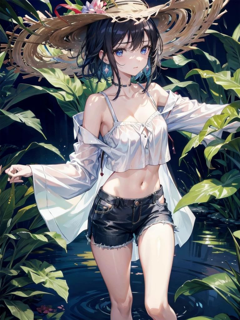 absurdres, RAW photo, extremely delicate and beautiful, masterpiece, Best Quality, ultra high resolution, 32k, hyperrealistic, ultra-detailed, perfect figure, in her 20s, very small head, very small face, delicate facial features, tearful mole, earring, very huge breasts, bare legs, full body shot, medium hair, black hair, colored inner hair, casual, blouse, white shirt, buttoned shirt, bare shoulders, collarbone, midriff, navel, shorts, straw hat,