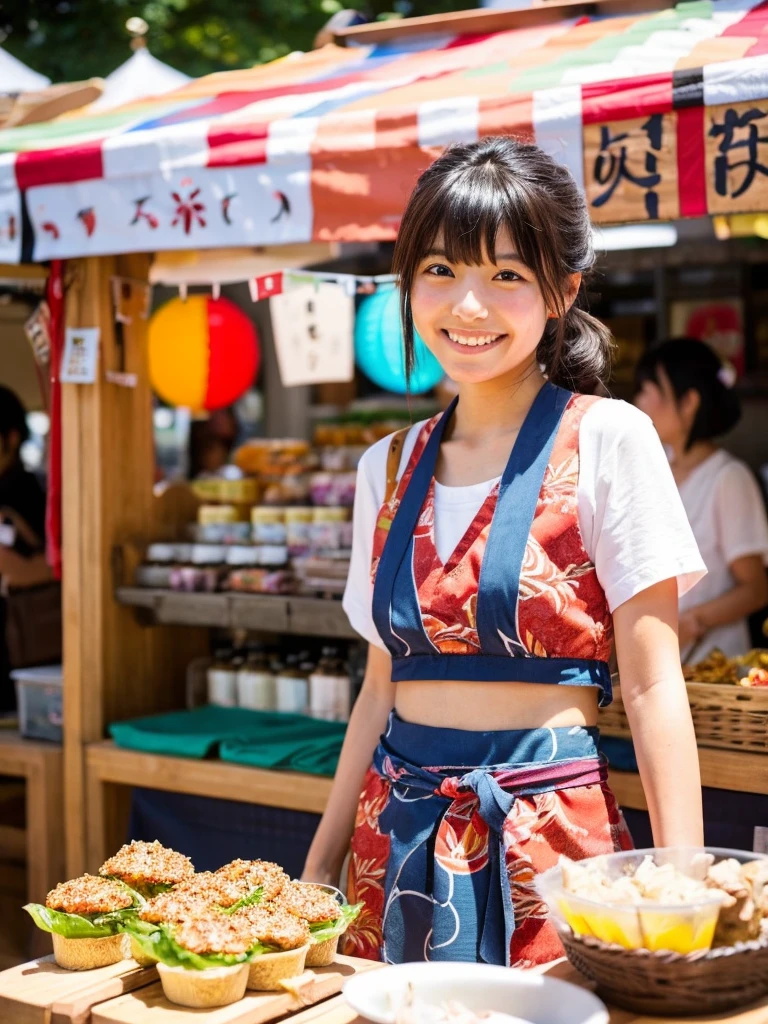 Super cute Japanese girl、Wearing a yukata in front of a summer festival food stall、りんご飴、smile