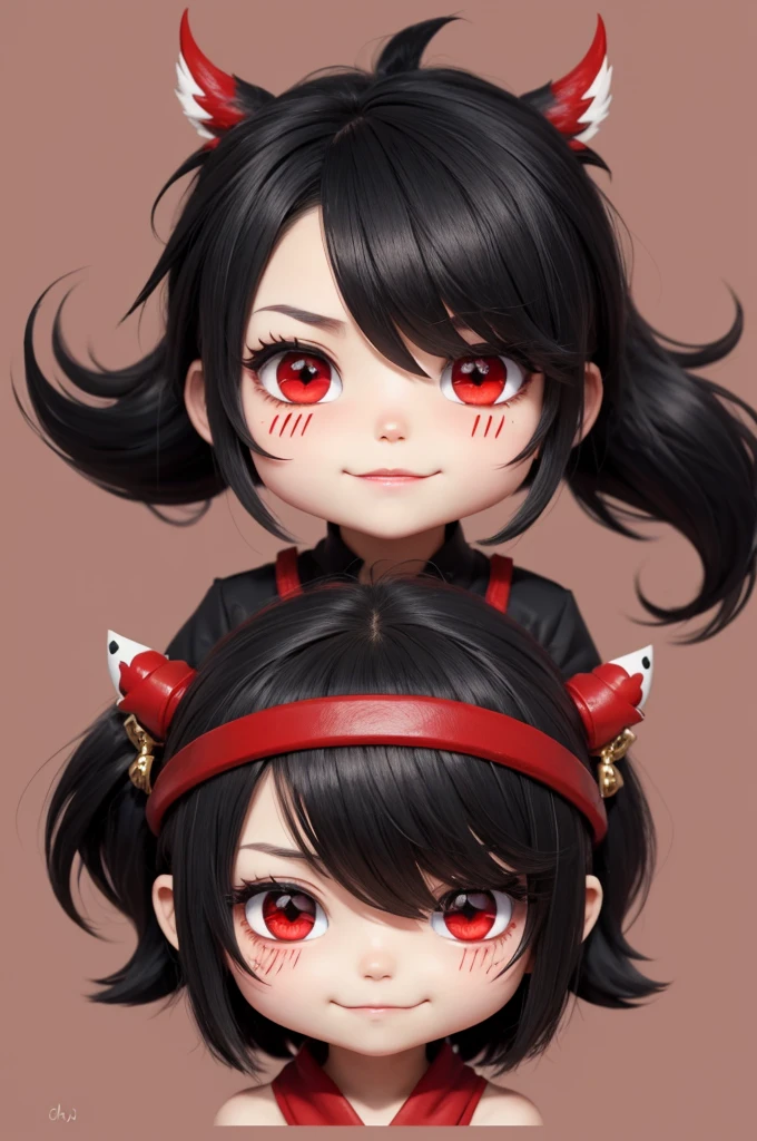 chibi style boy, ponytail black hair, blood red eyes, barbarian. face with a happy look