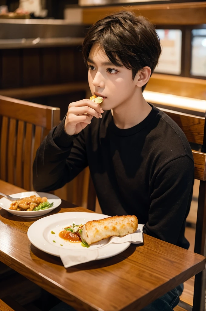  boy in restaurant sitting alone Eating delicious food